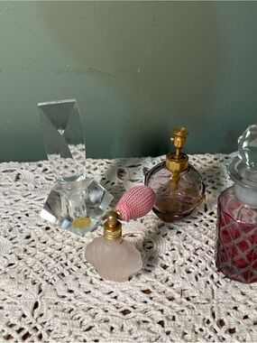 4 Vintage Cut Clear & Pink Glass Atomizer Perfume Bottles empty
